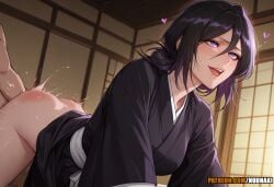 1boy 1girl ai_generated all_fours anime artist_name ass black_hair black_kimono bleach bleach:_the_thousand-year_blood_war breasts clothed_female_nude_male clothed_sex doggystyle hair_between_eyes hair_bun heart hetero hi_res high_quality high_resolution highres indoors japanese_clothes kimono kuchiki_rukia nude nuunaki open_mouth patreon patreon_logo patreon_url patreon_username purple_eyes purple_hair rolling_eyes rukia_kuchiki sex sex_from_behind short_hair single_hair_bun slap_mark smile solo_focus spanked spanking teeth upper_teeth_only watermark