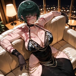 1girl ai_assisted ai_generated armpits bangs bare_shoulders black_dress black_gloves black_hair breasts choker cleavage collarbone couch curvaceous curvy curvy_female curvy_figure dress earrings eyebrows_visible_through_hair female gloves indoors jewelry jujutsu_kaisen large_breasts looking_at_viewer miyuai necklace short_hair sitting solo sweat thick thick_ass thick_butt thick_hips thick_legs thick_thighs voluptuous voluptuous_female wide_hips wide_thighs yellow_eyes zenin_maki