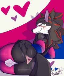 absurd_res anthro anus balls bisexual_pride_colors black_body black_hair butt canid canine canine_ears canis clothing femboy genitals hair handwear hi_res leg_markings legwear lgbt_pride lgbt_pride_month long_tail male male/male mammal markings mitten_hands mittens multicolored_body multicolored_hair presenting presenting_anus presenting_balls presenting_hindquarters pride_color_flag pride_colors red_body red_eyes red_hair scarth_bonnie socks_(marking) solo stockings tail two_tone_hair white_balls white_head wolf ych_(character)