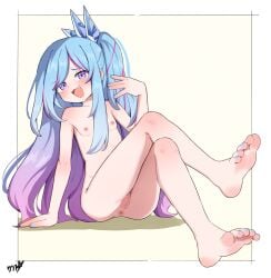 1girl absurdres anus barefoot blue_hair blue_nails boppin breasts cleft_of_venus commentary commission completely_nude crossed_legs duel_monster english_commentary feet highres long_hair multicolored_hair nail_polish nipples nude open_mouth pussy rilliona_(yu-gi-oh!) sitting small_breasts soles solo toenails toes uncensored witchcrafter_madame_verre yu-gi-oh!