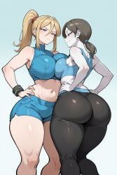 2girls ai_generated ass asymmetrical_docking back bare_shoulders black_hair black_pants blonde_hair blue_eyes blue_shorts blue_sports_bra blush breast-to-breast breast_press breasts closed_mouth clothing colored_skin covered_nipples crop_top crossover dolphin_shorts female from_behind frown gradient_background grey_eyes grey_skin hair_between_eyes hands_on_own_hips huge_ass kneepits large_breasts long_hair looking_at_viewer looking_back metroid midriff mole_under_mouth multiple_girls navel pale_skin pants ponytail samus_aran short_shorts shorts simple_background smashai smile sports_bra sportswear standing stomach symmetrical_docking tank_top thick_thighs thighs tight_clothes tight_pants white_skin wide_hips wii_fit wii_fit_trainer wii_fit_trainer_(female) wristband yoga_pants zero_suit