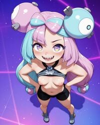 1girls ai_generated alternate_costume bob_cut bra_lift brat breasts breedorbred clothing comfyui edited erect_nipples exposed_breasts eyebrows eyebrows_visible_through_hair female hair_bow hair_ornament hands_on_hips hi_res iono_(pokemon) light_skin looking_at_viewer mouth_open multicolored_eyes multicolored_hair navel neon_lights nipples perky_breasts perspective petite pokemon pokemon_sv presenting presenting_breasts puffy_nipples purple_eyes request sassy sharp_teeth shoes simple_background small_breasts spandex_shorts sports_bra strobe_lights tagme viewed_from_above yellow_eyes