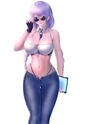 1girls adjusting_eyewear adjusting_glasses adjusting_sunglasses avrora_(azur_lane) avrora_(not_cut_out_for_this?)_(azur_lane) azur_lane curvaceous female female_only genm7 jeans large_breasts light-skinned_female light_skin looking_over_eyewear looking_over_glasses looking_over_sunglasses northern_parliament_(azur_lane) solo sunglasses tinted_eyewear