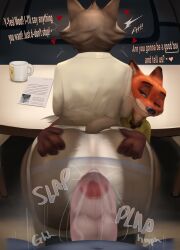 absurd_res anal anal_sex anthro anus artist_name asshole back_view balls behind_view big_ass big_butt black_pupils canid canine canis character_name chief_bogo clothed_sex clothing copyright_name disney dreamworks fox furry gay genitals glasses hand_on_butt hands_on_ass hi_res jockstrap levxrus looking_at_another looking_back male male/male male_only mammal mr._wolf_(the_bad_guys) nervous_smile nervous_sweat nick_wilde penetration penis police round_ass round_butt sharp_teeth smile smiling sweat table tail the_bad_guys tip_of_penis wolf yaoi yellow_sclera zootopia