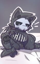 2026 5:8 absurd_res anthro balls bed biped black_balls black_body black_fur black_pawpads black_penis black_sclera bodily_fluids bone bone_mask canid canine censor_bar censored censored_genitalia censored_penis changed_(video_game) digital_drawing_(artwork) digital_media_(artwork) dripping english_description fluffy fluffy_tail fur furniture genital_fluids genitals grey_background half-erect hi_res humanoid_genitalia humanoid_penis ineffective_censorship iyy latex_creature looking_at_genitalia looking_at_own_penis looking_at_penis looking_at_self male male_anthro mammal mask nude_anthro nude_male on_bed outline pawpads paws penis precum precum_drip pupils puro_(changed) simple_background sitting skull skull_mask snout solo tail white_outline white_pupils