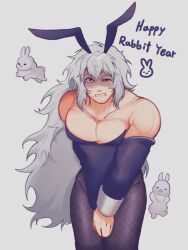 ambush_(trap) big_pecs bunny_boy bunny_ears bunnysuit cleavage clenched_teeth covering_crotch covering_self detached_sleeves embarrassed fishnets kengan_(series) kengan_ashura kengan_omega long_hair long_hair_male looking_at_viewer male male_only mirumi_543 muscular muscular_male new_year pantyhose pecs shaded_face solo sweat very_long_hair white_hair xia_ji year_of_the_rabbit