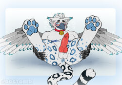 anthro avian balls beak bell bell_collar blush collar dogtober feet fur genitals gryphon knot male markings mastectomy_scar mythological_avian mythological_creature mythology pawpads paws scar solo spots spotted_body spotted_fur talons toes
