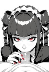 ai_generated black_and_white blowjob blowjob_pov celestia_ludenberg clothed_female danganronpa danganronpa:_trigger_happy_havoc fellatio mahamoan red_eyes red_nails saliva_on_penis slobber_on_penis sucking_dick sucking_penis