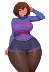 ai ai-created ai_generated bottomless closed_eyes frisk huge_ass huge_breasts panties pantyhose, short_hair short_shorts sweater tan_skin thick_thighs thighs transparent_background undertale undertale_(series)