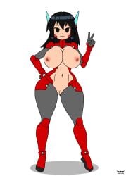 1girls asta_(crap_man) asta_rindo big_breasts black_eyes black_hair bodysuit breasts crotch_cutout female female_only long_hair nipples nsfw pussy ripped_clothing robot_ears ruby_hime sexy solo suit white_background