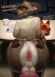 absurd_res anthro anus balls canid canine canis clothing disney dreamworks fox gay genitals glasses hand_on_butt hi_res levxrus male male/male male_only mammal mr._wolf_(the_bad_guys) nick_wilde penis the_bad_guys wolf yaoi zootopia