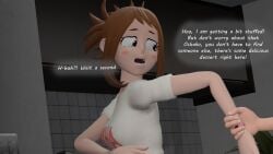 3d aledeko apartment arm_grab brown_hair female implied_vore light-skinned_female my_hero_academia ochako_uraraka open_mouth panic worried worried_expression