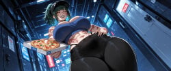 1girl ai_assisted ai_generated bangs bare_shoulders black_hair breasts curvaceous curvy curvy_female curvy_figure eyebrows_visible_through_hair female from_below green_hair grin jujutsu_kaisen large_breasts looking_at_viewer looking_down midriff miyuai navel one_eye_closed pants pizza ponytail smile solo sports_bra tattoo thick thick_ass thick_butt thick_hips thick_legs thick_thighs thighs voluptuous voluptuous_female wide_hips wide_thighs zenin_maki