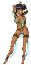 1girl ancient_egyptian_clothes anklet aqua_bra aqua_loincloth aqua_skirt arm_behind_head armlet armpits ass_visible_through_thighs bare_shoulders belt black_belt black_hair blonde_hair blue_skirt blunt_bangs blunt_ends bob_cut bra bracelet breasts cleavage cleft_of_venus cleopatra_(cleopatra_in_space) cleopatra_in_space cleopatra_philopator closed_mouth collarbone commentary contrapposto covered_nipples dark-skinned_female dark_skin english_commentary gold_headdress gold_trim green_eyes halo_hair harem_outfit headdress highres jewelry loincloth looking_at_viewer medium_breasts midriff multicolored_hair narrow_waist navel nipples no_panties o-ring o-ring_bra pussy see-through_bra see-through_clothes see-through_skirt shiny_skin short_hair simple_background skirt smile smirk socarter solo standing thigh_strap tiptoes toe_ring two-tone_hair underwear uraeus veil white_background wide_hips
