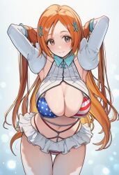 ai_generated american_flag_bikini big_breasts bleach cleavage hands_behind_head large_breasts long_hair orange_hair orihime_inoue tagme