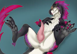 absurd_res animal_genitalia anus bird_wyvern capcom erection feral genitals hi_res katscarlettkat looking_at_viewer male memy monster_hunter penis pose seikret semi-anthro simple_background solo tail tapering_penis tongue