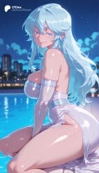 1girl 1girls absurd_res absurdres ai_generated ass backless_dress bare_shoulders between_legs big_ass big_breasts blue_eyes blue_hair blurred_background blurry blurry_background blush breasts cartoon cartoony closed_mouth depth_of_field dress elbow_gloves elfaria_albis_serfort female female_focus from_side gloves hair_between_eyes hand_between_legs hi_res high_quality high_resolution highres large_ass large_breasts long_hair looking_at_viewer night night_sky odexai outdoors patreon pool shiny_clothes shiny_skin side_slit sideboob sidelocks sitting skindentation sky small_waist smile solo solo_focus star_(sky) starry_sky straight thick_thighs thighs thin_waist tsue_to_tsurugi_no_wistoria water wet white_dress white_gloves wide_hips window
