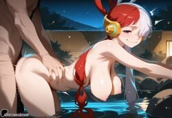 1boy 1girl ai_generated bangs bent_over blush breasts doggystyle hetero large_breasts long_hair motion_lines multicolored_hair nipples nude one_piece onsen outdoors partially_submerged purple_eyes red_hair ripples sex sex_from_behind silver_hair smile standing sunori torso_grab tree trembling uta_(one_piece) very_long_hair wading water