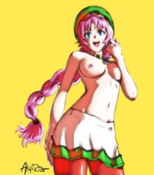 1girls akairiot blue_eyes breasts exposed_breasts female long_hair medium_breasts nipples pantyhose pink_hair ponytail psychic_force red_pantyhose topless topless_female wendy_ryan