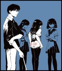 1boy 3girls background_characters blue_background caning fireball_666 panties_down punishment punishment_spanking school_uniform skirt_up spank_marks spanked spanking stick teacher_and_student waiting_for_turn