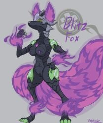 absurd_res anthro bakugan blitz_fox_(bakugan) breasts canid canine claws colored_fire delphixander digital_media_(artwork) digitigrade english_text female fire flaming_tail fox genitals hi_res looking_at_viewer mammal nipples purple_fire pussy simple_background solo text