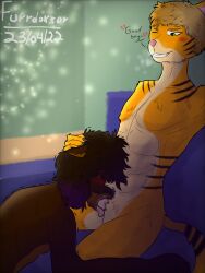 anthro blowjob blush bodily_fluids brown_body brown_fur canid canine canis derek_york domestic_cat duo felid feline felis fellatio fur furr_ludwig furrdoktor good_boy hi_res male male/male mammal oral orange_body orange_fur penile saliva sex stripes wolf yellow_eyes