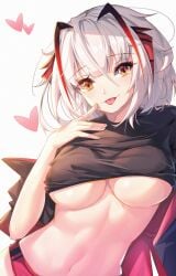 antenna_hair arknights bangs black_shirt blush breasts cleavage eyebrows_visible_through_hair eyelashes_visible_through_hair female female_only hair_between_eyes heart horns jiaoshoutongxue looking_at_viewer panties red_panties shirt short_hair smile tongue tongue_out underboob w_(arknights) white_background white_hair yellow_eyes