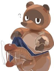 2022 animal_crossing anthro apron balls bells_(animal_crossing) bodily_fluids brown_body canid canine chibi clothing cum erection genital_fluids genitals humanoid_genitalia humanoid_penis kemono male male_only mammal masshiro money_bag nintendo penis question_mark raccoon_dog simple_background solo tanuki tom_nook video_games white_background