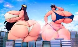 2girls albedo_(overlord) ass ass_cleavage astral_chain bbw big_ass big_belly big_breasts big_nipples big_thighs bikini blue_bikini blue_hair breasts butt_crack city cityscape digital_media_(artwork) female female_only giantess gigantic_ass gigantic_breasts gigantic_thighs glasses green_eyes hi_res holding_breasts holding_hips horns huge_ass huge_breasts huge_thighs lens_flare long_hair marie_wentz overlord_(maruyama) pale_skin police police_hat policewoman purple_hair short_hair someshittysketches succubus succubus_horns thick_eyebrows watermark white_bikini yellow_eyes