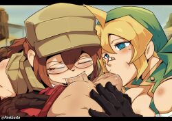 1boy 2girls ball_sucking balls bandaid_on_nose bandana blonde_hair blowjob blue_eyes bottomless brown_gloves brown_hair closed_eyes collaborative_fellatio deep_throat eri_kasamoto fellatio female female_focus ffm_threesome fio_germi glasses gloves green_bandana hat long_hair male_out_of_frame marco_rossi metal_slug oral penis pinkseito saliva sucking_testicles testicles threesome uncensored