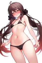 1girls :p bikini black_bikini blush breasts brown_hair female female_only genshin_impact hi_res hu_tao_(genshin_impact) light-skinned_female light_skin looking_at_viewer petite pinki_o64 red_eyes simple_background small_breasts solo thighs tongue tongue_out twintails underboob white_background