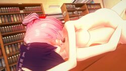 2girls breasts doki_doki_literature_club female female_only kissing library lying_on_person multiple_girls natsuki_(doki_doki_literature_club) natsuri nude nudist on_table pink_hair purple_hair yuri yuri_(doki_doki_literature_club)