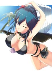 alternate_costume ass bikini black_bikini black_swimsuit breasts byleth_(fire_emblem) byleth_(fire_emblem)_(female) cleavage covered_nipples female female_only fire_emblem fire_emblem:_three_houses fire_emblem_heroes flower hair_flower large_breasts magicalbroom nintendo official_alternate_costume one_eye_closed sideboob solo swimsuit tatsukichi teal_hair