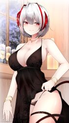 antenna_hair arknights bangs bare_shoulders black_dress black_panties blush bracelets breasts cleavage collarbone cowboy_shot dress_lift eyebrows_visible_through_hair eyelashes_visible_through_hair female female_only floral_print hair_between_eyes horns indoors jewelry lace-trimmed_panties lifted_by_self looking_at_viewer necklace panties parted_lips red_eyes samip short_hair silver_hair smile tail teeth thigh_strap w_(arknights) window wine_bottle wine_glass