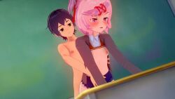 1boy 1girls 3d blush cometz doki_doki_literature_club female from_behind_position human koikatsu male natsuki_(doki_doki_literature_club) nipples pink_hair sex