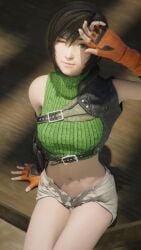 3d 3d_(artwork) final_fantasy final_fantasy_vii gloves headband kallenz looking_at_viewer midriff one_eye_closed shorts tagme yuffie_kisaragi