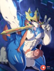 1boy 2022 absurd_res anthro armpit_hair balls bara big_penis blush bna_v5 bodily_fluids body_hair crowned_sword_zacian genitals gesture hi_res humanoid_genitalia humanoid_penis legendary_pokémon looking_at_viewer male male_only melee_weapon muscular muscular_anthro muscular_male nintendo nipple_piercing nude open_mouth peace_sign penis pokémon_(species) pokemon pubes round_ass solo sweat sword sword_in_mouth thick_thighs thighs tongue tongue_out v_sign video_games weapon zacian