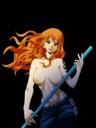 big_breasts big_nipples female female_only flashing flashing_breasts ginger haction_(artist) jeans nami one_piece red_hair solo tattoo topless