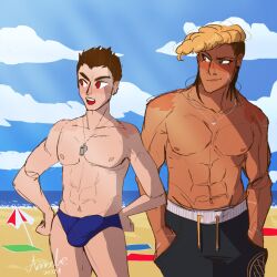 abs artist_signature balls balls_outline beach blue_speedo blue_underwear bottomwear bulge danganronpa danganronpa:_trigger_happy_havoc danganronpa_s:_ultimate_summer_camp detailed_background edit hand_on_hip human kiyotaka_ishimaru light_skin male male_only mondo_oowada muscular_male nipples partially_nude pecs penis_bulge penis_outline shorts smooth_skin speedo swimwear tan tan_body tan_skin topless umbrella video_games