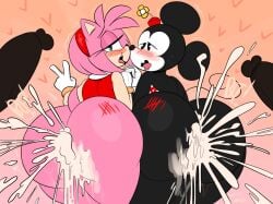 2boys 2girls after_anal after_sex amy_rose anal anthro ass bedroom_eyes big_ass big_penis black_body black_fur black_hair blush bodily_fluids bottomless bubble_butt crossover cum cum_everywhere cum_explosion cum_in_ass cum_inside dark-skinned_male dark_skin disney english_text erect_penis erection gloves green_eyes half-closed_eyes hand_holding hat heart hedgehog holding_hands huge_ass human human_on_anthro interspecies looking_back minnie_mouse mob_face motion_lines mouse no_panties open_mouth open_smile ota_(artist) peace_sign penis pink_body pink_fur pink_hair saliva sega short_tail side-by-side side_by_side skirt_up smile sonic_(series) tail tally_marks text thick_thighs thighs trembling wide_hips