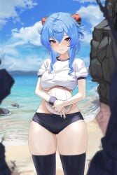 beach beach_ball big_breasts blue_hair blush dolri ganyu_(genshin_impact) genshin_impact horns huge_ass huge_thighs looking_at_viewer thick_thighs thighhighs thighs underboob volleyball wide_hips