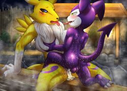 bandai_namco big_breasts blush cum cum_in_pussy cum_inside cum_leaking digimon digimon_(species) female_fox fid fox hotspring imp impmon naked nude renamon saliva_string sex vixen