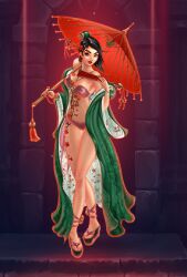 asian_female bra chinese_clothes dirty_league half_dressed panties umbrella