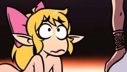 1boy 2d animated blonde_hair breath_of_the_wild cheerleader_link cross-eyed cum cum_drip cum_from_mouth cum_in_mouth eyebrows_visible_through_hair female femboy gif girly gradient_background hair_ornament hair_ribbon hylian hylian_ears link male open_mouth pointy_ears princess_zelda speedosausage the_legend_of_zelda trap zelda_(breath_of_the_wild)