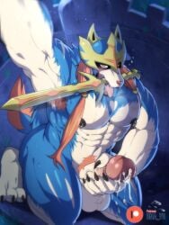 1boy 2022 absurd_res anthro armpit_hair balls bara big_penis blush bna_v5 bodily_fluids body_hair crowned_sword_zacian cum genital_fluids genitals hi_res humanoid_genitalia humanoid_penis legendary_pokémon looking_at_viewer male male_only masturbation melee_weapon muscular muscular_anthro muscular_male nintendo nude open_mouth penile penile_masturbation penis pokémon_(species) pokemon pubes solo sweat sword tongue tongue_out video_games weapon zacian