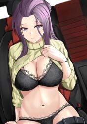 absurdres arm_support black_bra black_panties bra bracelet breasts car_interior cleavage closed_mouth clothes_lift female female folded_hair highres jewelry kagamihara_sakura large_breasts long_hair navel panties pants pants_removed purple_eyes purple_hair ribbed_sweater sitting smile solo sweater sweater_lift tian_kazuki turtleneck turtleneck_sweater underwear yellow_sweater yurucamp