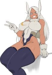 1girls big_breasts breasts bunny_ears clothed clothed_female dark-skinned_female dark_skin eye_contact female female_only gloves guhanshounen hero_outfit_(mha) legwear leotard long_hair looking_at_viewer miruko my_hero_academia peace_sign red_eyes rumi_usagiyama smile solo solo_female thick_thighs thighs voluptuous white_background white_hair wide_hips