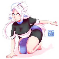 2022 alien alien_humanoid ass balls big_bulge big_butt big_penis blue_eyes breasts bulge cev clothed clothing digital_media_(artwork) feet genitals girly grey_eyes hair heterochromia hi_res horn huge_bulge huge_cock humanoid hyper hyper_genitalia hyper_penis kneeling long_hair looking_at_viewer male male_breasts penis ponytail small_breasts solo white_hair