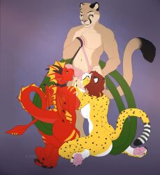 anthro blowjob by_dream collar dragon felid female genitals group hi_res kneeling licking lion male male/female mammal oral pantherine penile penis penis_lick red_body sex tongue tongue_out trio