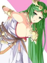 bent_over big_breasts cleavage fully_clothed goddess green_eyes green_hair horny kid_icarus looking_at_viewer necklace nintendo palutena super_smash_bros. thighhighs tomas_(kaosu22) tomasupso2